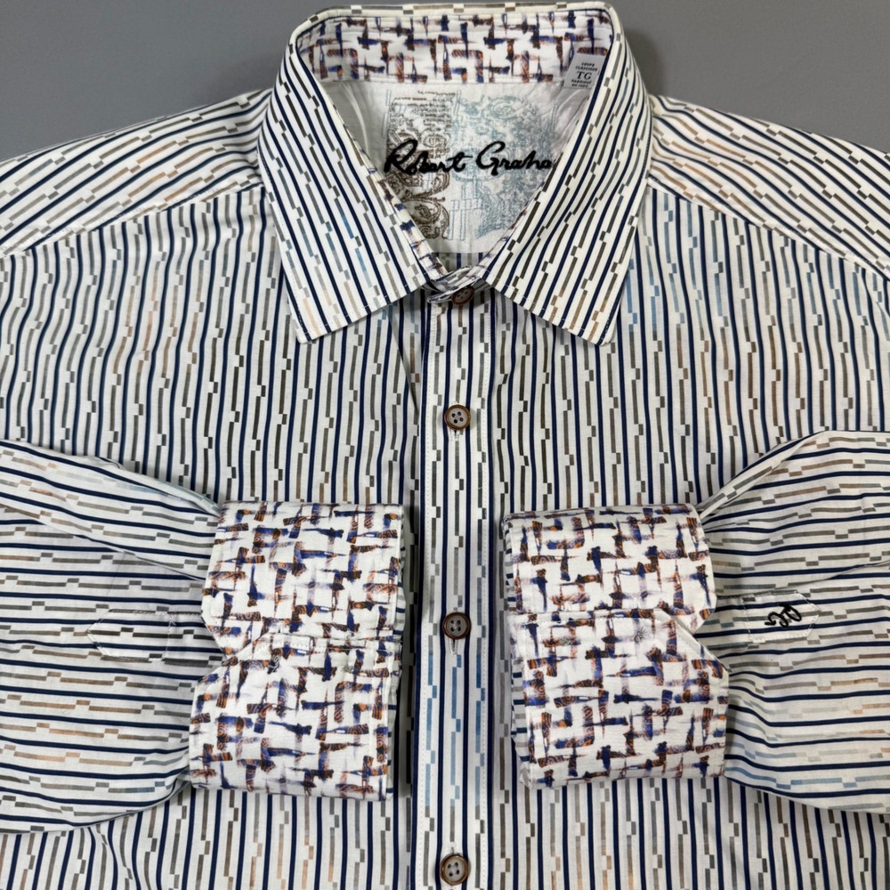 Robert Graham Shirt Mens XL White Blue Striped Flip Cuff Classic Fit Long Sleeve